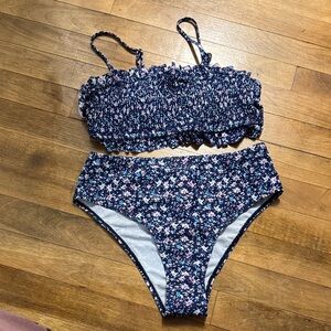 ROMWE Blue Floral Ruffled Swimsuit